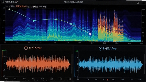 迅音软件智能降噪功能演示，界面显示原始波形与处理后的波形对比，背景有频谱图，突出环境噪声被过滤的视觉效果