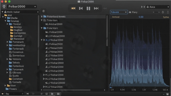 Foobar2000 主界面截图，展现简洁的深色播放列表布局，左侧为媒体库目录树，右侧波形频谱显示，背景为深灰色金属质感，突出专业音频播放器的氛围