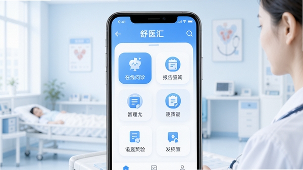 舒医汇软件主界面预览图,展示清晰的功能分区和简洁的UI设计,背景为柔和的医疗蓝白色调,手机屏幕中央显示在线问诊、报告查询等核心功能图标,整体画面明亮干净,突出专业与信赖感