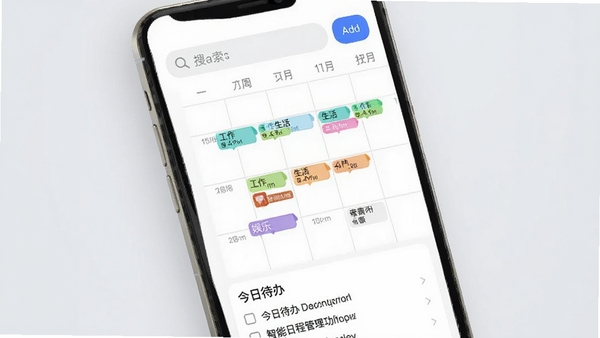事事如意智能日程管理功能预览，手机屏幕中显示一周日历视图，不同颜色的标签代表不同类型的事件，如工作、生活、娱乐，上方有搜索栏和添加按钮，下方有“今日待办”列表，背景为浅灰色，界面干净清爽，强调实用性与高效性