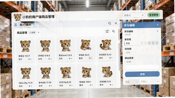 小豹豹商户端商品管理页面，展示商品列表和库存编辑界面，背景为整洁的货架或仓库，突出灵活管理概念