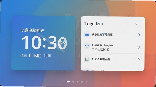 心意电脑闹钟软件简洁卡片式主界面，突出显示当前时间和任务列表，背景为纯色渐变，风格现代简约