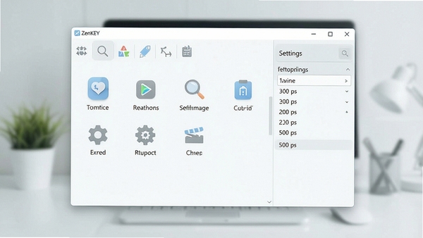 ZenKEY软件主界面预览图，展示简洁的工具条与设置面板，背景为干净的桌面环境，图标清晰，布局直观，整体色调柔和，突出软件的实用与高效