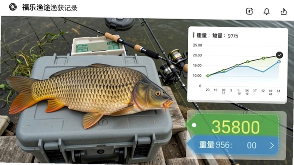 福乐渔途渔获记录页面,展示一条大鲤鱼照片与重量标签,背景为钓箱和鱼竿,界面有统计折线图,风格写实