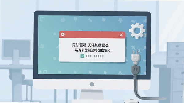 电脑屏幕前显示出错误提示框的示意图，提示内容为无法加载驱动，旁边有设置齿轮图标和网络线缆插头，背景为简洁的办公环境，色调柔和，突出故障排除的场景