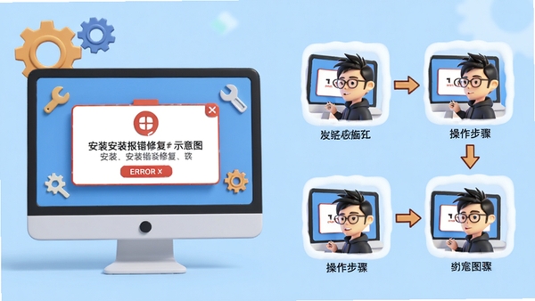 3D卡通周杰伦桌面主题安装报错修复示意图，画面左侧是一个电脑屏幕显示错误提示框，右侧是操作步骤图解，整体风格简洁明了，背景为浅蓝色，包含齿轮和工具图标，突出解决方案的实用性
