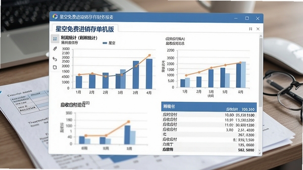 星空免费进销存单机版财务报表界面，显示利润统计图表和应收应付汇总数据，背景为办公桌上的报表文件，整体风格商务专业
