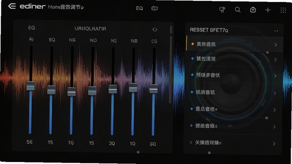 Edifier Home音效调节界面,展示EQ均衡器滑块与预设音效列表,背景为抽象声波图,色彩渐变,突出音频调节的专业感与科技感。
