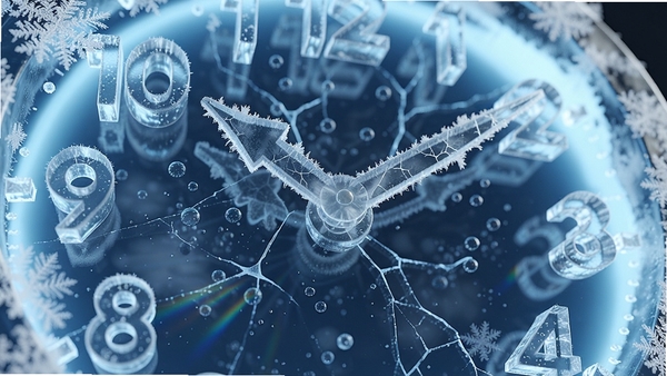 Ice Clock 3D 屏保 冰晶细节特写，时钟数字由透明冰块雕刻而成，内部有细小的气泡和裂纹，冰面凝结着白色霜花，背景柔和的蓝色光晕，光线穿透冰块产生折射效果，写实风格，高清渲染