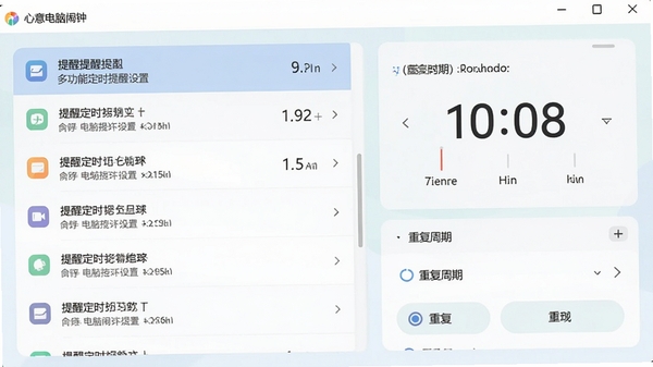 心意电脑闹钟软件的多功能定时提醒设置界面，左侧是提醒列表，右侧是时间选择器和重复周期选项，界面设计简洁清晰，色彩柔和，现代扁平化风格，高清截图展示