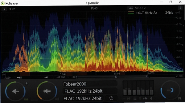 Foobar2000 正在播放高分辨率音频文件，界面显示 FLAC 192kHz 24bit 音频信息标签，背景为频谱分析仪动态效果，突出无损解码能力