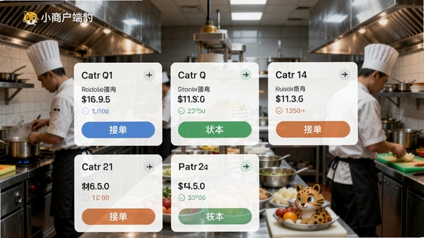 小豹豹商户端订单列表界面，显示不同状态的订单卡片，配有接单按钮，背景为忙碌的餐饮后厨场景，突出高效处理氛围