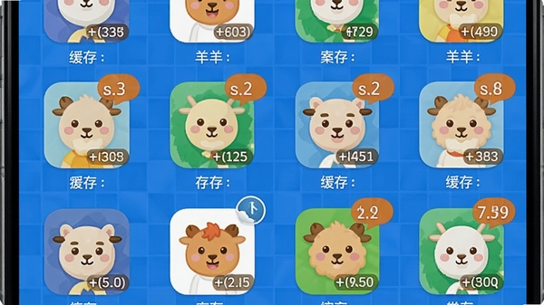 羊羊高手应用管理功能展示，手机界面中排列着整齐的APP图标，带有缓存大小标注，背景为清爽的蓝色网格图案