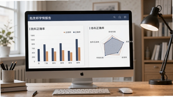 批改邦学情报告页面,屏幕显示柱状图和雷达图展示各科正确率,背景为办公室或家庭书桌,色调稳重专业,包含批改邦数据看板