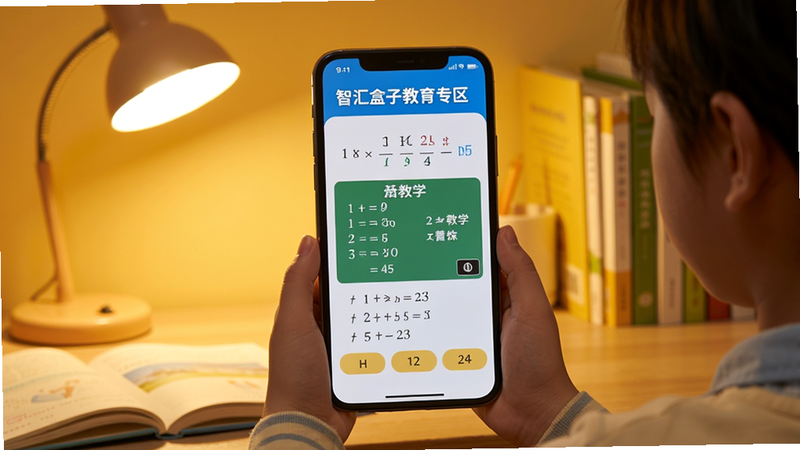 智汇盒子教育专区学生使用界面,展示一个孩子正在手机前观看教学视频,屏幕显示数学课程,背景为温馨书房,有台灯和书本,画面自然真实,手机屏幕居中,坐标中心,背景区域为暖黄色调,适配Boogu模型生成。
