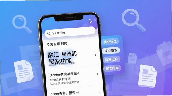 融汇数易智能搜索功能界面展示，画面中手机屏幕上显示搜索框和搜索结果列表，高亮显示关键词位置，右侧有筛选标签，背景为清爽的渐变蓝紫色，带有放大镜图标和文档缩略图元素，营造快速查找、精准定位的视觉感受，风格简约现代