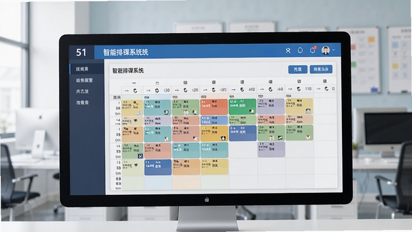 51智能排课系统主界面截图，展示清晰的课程表布局与功能导航栏，背景为简洁的教务办公环境，电脑屏幕上显示彩色课程安排格子，色调明亮专业