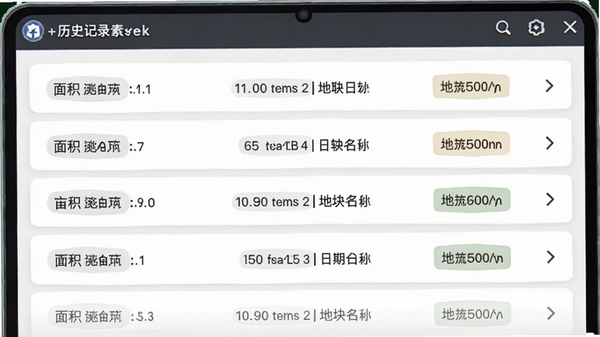 测亩仪+历史记录列表界面，展示多条测量数据，包含面积、日期与地块名称标签，背景为简洁的白色卡片设计