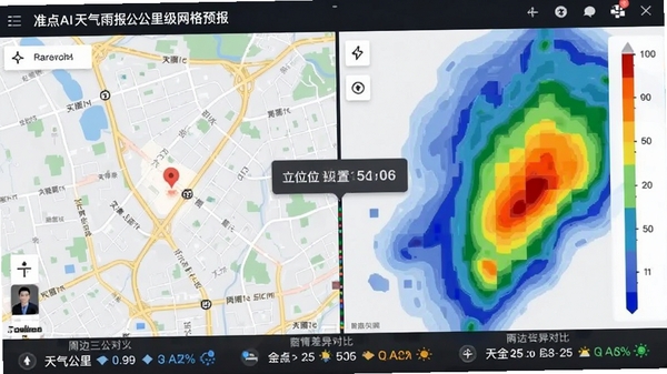 准点AI天气雨报公里级网格预报界面图，画面左侧为街道级地图，右侧以彩色热力块展示不同区域的实时降水强度，中心标注当前位置坐标，底部滚动显示周边三公里各街道天气差异对比，蓝橙渐变色阶，设计直观易懂
