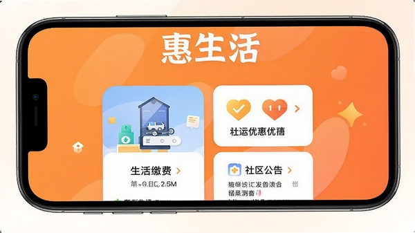惠生活App开屏预览图，显示手机屏幕中展示生活缴费、周边优惠、社区公告等核心功能模块，背景为温馨的橙色渐变，现代扁平化设计风格，整体明亮清晰，突出应用名称“惠生活”三个字
