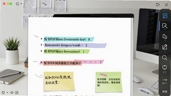 悦书PDF阅读器批注功能演示，文档页面中有彩色高亮和便签标记，右侧工具栏显示批注工具图标，背景为简约办公桌面