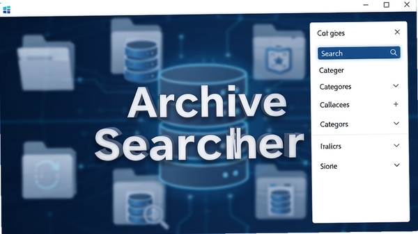 Archive Searcher 主界面预览图，展示简洁的搜索框与分类筛选面板，背景为模糊的数据库文件图标，整体色调以深蓝与白色为主，界面清晰明亮，科技感十足，画面中心突出软件名称Archive Searcher，无多余文字