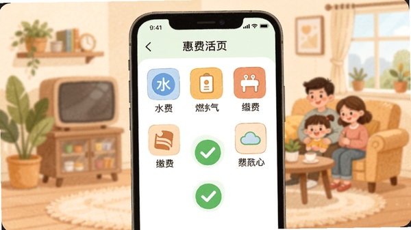 惠生活App缴费页面截图风格插画，展示手机界面内水费电费燃气费等缴费图标排列整齐，界面简洁清爽，绿色对勾表示缴费成功，背景有家庭生活元素插画，温馨实用