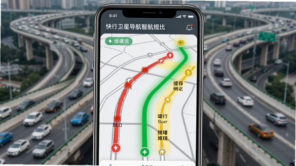 快行卫星实时导航智能规划路线示意,手机界面呈现多条可选路线对比,推荐路线以绿色粗线高亮,其他路线为灰色细线,地图上标注红色拥堵路段与黄色缓行区域,背景为城市高架桥车流,画面体现智能避堵功能,风格清晰直观