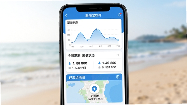 赶海宝软件主界面展示,界面顶部显示当前潮汐状态曲线图,中间区域列出今日高低潮具体时间,底部有赶海点地图导航入口,整体采用清爽的蓝白配色,扁平化设计风格,手机屏幕居中显示,背景为虚化的海边沙滩实景,光线明亮柔和,画面清晰富有科技感