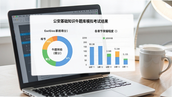 公安基础知识牛题库模拟考试结果页面，显示得分环形图与各章节掌握程度条形图，背景为办公桌面配笔记本电脑和咖啡杯，画面风格写实明亮