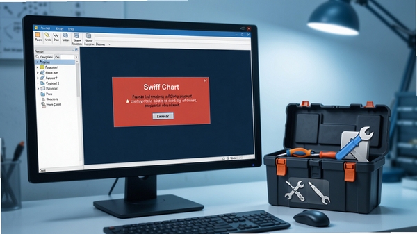 Swiff Chart软件报错修复场景，显示电脑屏幕上有错误提示框，旁边有工具箱和修复工具图标，背景为简洁工作台，色调冷静