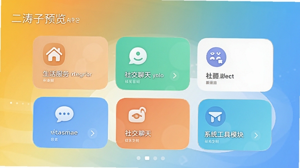 二涛子APP主界面预览图，展示其整合了生活服务、社交聊天和系统工具模块的卡片式功能布局，背景采用清新的渐变色，界面图标圆润清晰，整体风格现代简洁，符合安卓手机扁平化设计潮流