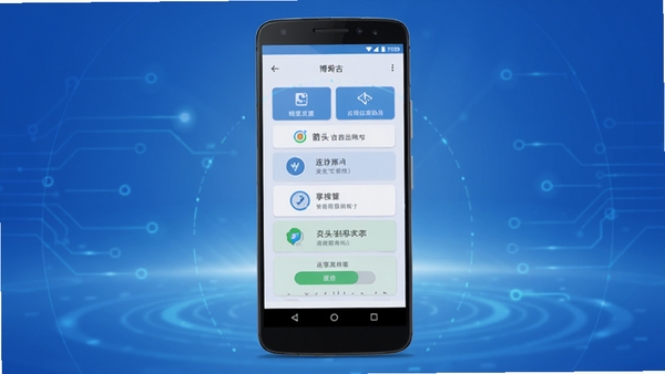 博古模型生成：箭头请出列软件主界面预览图，画面中央是一部安卓手机，屏幕上显示清晰的功能按钮和连接状态，背景为科技感蓝色渐变，光线柔和，突出远程协助与屏幕共享主题