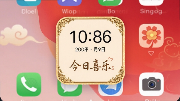 好事临门喜桌面小组件应用场景，手机桌面背景是淡雅的红色渐变，桌面中央放置了一个方形小组件，显示时间、日期和一句“今日喜乐”的标语，组件边框有金色花边，旁边还有几个应用图标，整体布局协调，画质清晰。