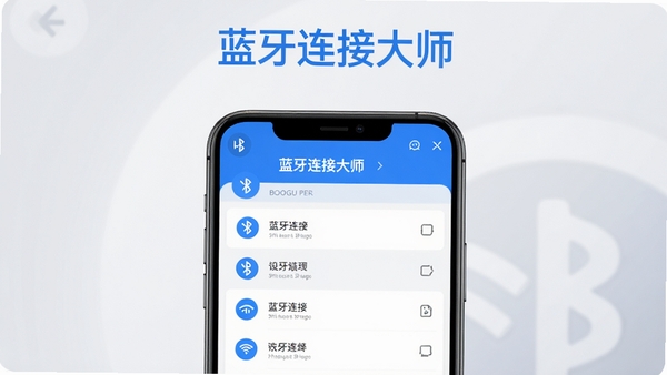 Boogu生成：蓝牙连接大师主界面预览图，画面中央显示手机屏幕，屏幕内是简洁的蓝牙设备列表，顶部有蓝色主题的“蓝牙连接大师”字样，背景为浅灰色渐变，光线柔和，突出软件界面清晰与易用性，整体风格现代科技感。