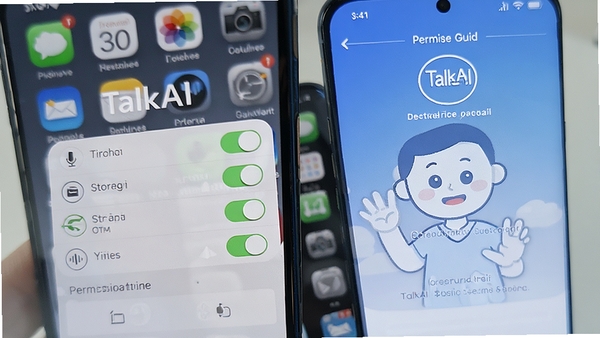 展示TalkAI智能语音助手在手机上安装时的权限设置页面，界面清晰展示麦克风、存储等权限开关，背景为手机桌面，风格简洁明了，包含TalkAI智能语音助手安装引导界面