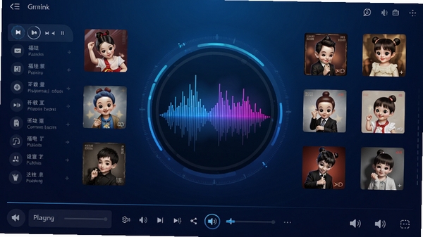 福娃下载音乐豪华版主界面展示，深蓝色渐变背景，中央是圆形的音乐频谱动态效果，周围环绕着音乐封面缩略图，整体风格现代且富有科技感，界面布局清晰，展示播放列表与音量控制区域
