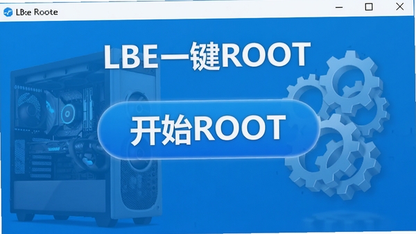 LBE一键ROOT软件主界面预览图，展示简洁的蓝色主题窗口，中央醒目的大号“开始ROOT”按钮，背景有电脑主机与系统齿轮图标元素，画面干净明亮，突出软件名称LBE一键ROOT