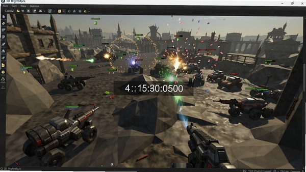 D3D RightMark测试场景,展示一个由大量多边形构成的复杂3D战场,包含动态光影、粒子特效与高分辨率纹理贴图,画面中央悬浮着实时帧数统计数字,背景为软件深色操作界面,体现显卡性能测试的紧张感
