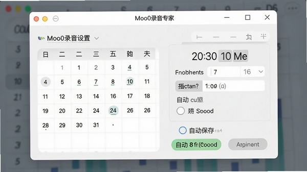 Moo0录音专家定时设置窗口，日历和时间选择器，自动保存选项，整洁的界面布局，浅色背景