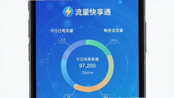 流量快享通主界面预览，显示今日已用流量与剩余流量环形图表，背景为渐变蓝色科技感界面，上方有流量快享通名称logo，整体风格简洁清晰，适合手机应用商店封面展示