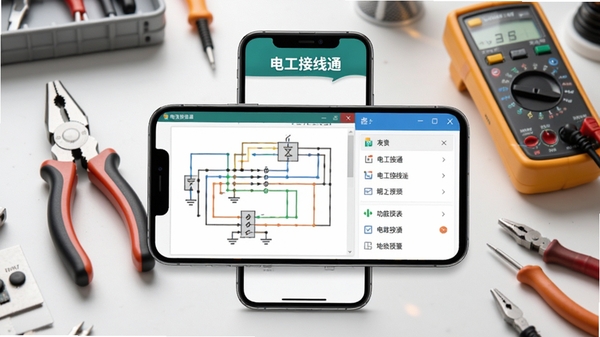 电工接线通软件界面预览图，展示电路接线示意图与功能列表，背景为整洁的工具台，带有电工钳、万用表等工具，整体风格清晰专业，适合软件介绍场景，画面主体为手机屏幕显示软件界面，周围配以柔和光线，文字标识“电工接线通”清晰可见。