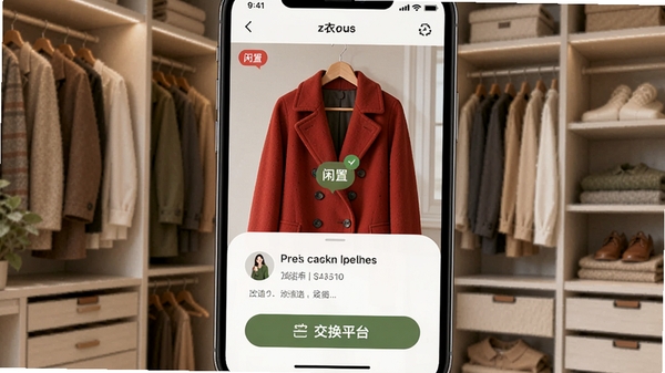 z衣橱闲置衣物管理界面,手机屏幕显示一件红色大衣被标记为“闲置”,下方弹出改造建议与交换平台入口,背景为整洁的衣帽间一角,光线柔和,画面传达环保与循环利用的时尚观念。