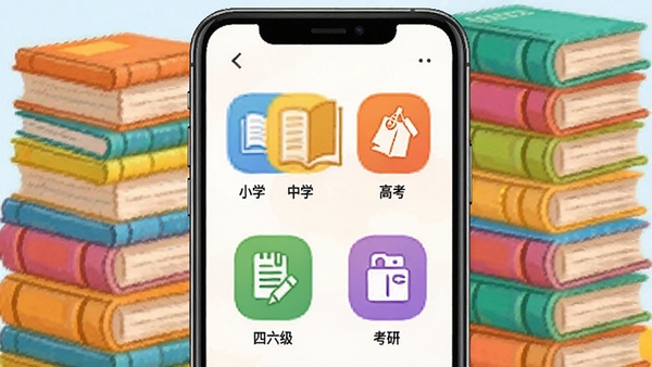学英语背单词词库选择界面,手机屏幕上列出小学、中考、高考、四六级、考研等词库图标,背景为多彩书本堆叠,风格明亮活泼