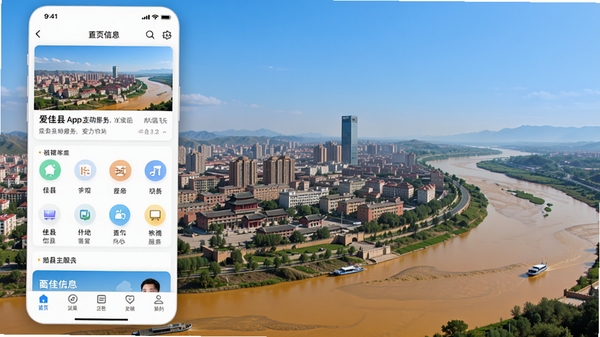 爱佳县App主界面预览图，展示首页信息流、功能图标矩阵、底部导航栏，背景为佳县城区全景与黄河风光，整体风格清爽明亮，UI设计现代简洁，突出本地生活服务核心功能