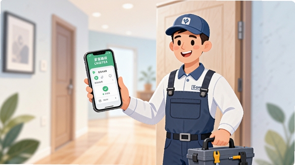 一幅表现当家APP家政服务预约场景的插画，一位穿着整洁工作服的维修师傅正微笑着站在门口，手里提着工具箱，手机屏幕上显示服务确认订单界面，周围是干净的室内走廊，色调清新淡雅，突出专业与安心。
