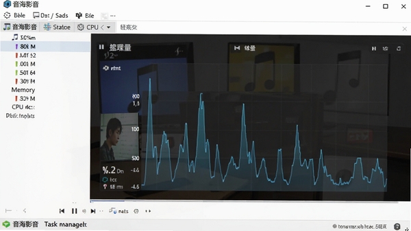 音海影音在Windows任务管理器中显示的内存与CPU占用率图表截图,背景为软件播放音乐时的迷你模式界面,突出其轻量高效的特点