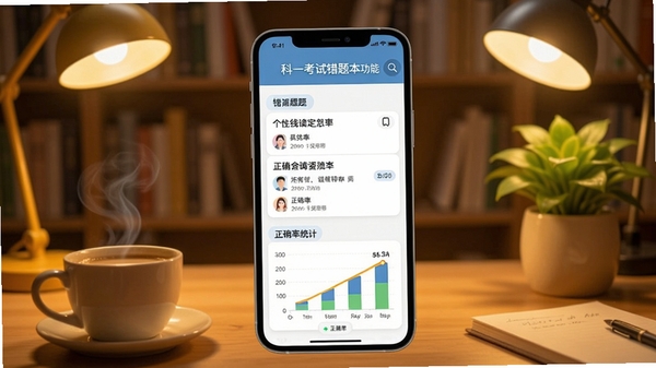 科一考试错题本功能界面，手机屏幕显示错题列表和正确率统计图，背景为温馨的书房，桌面有热咖啡和绿色植物，暖黄色灯光，整体风格舒适，突出个性化学习与高效复习