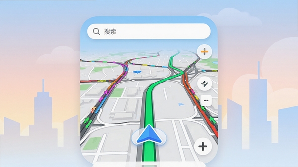 快行卫星实时导航主界面展示,画面中央为高清城市地图,蓝色箭头指示当前位置,前方路线以醒目绿色标注,周边道路标有实时路况颜色线条,地图上方悬浮简洁搜索栏,整体风格现代直观,背景为淡雅渐变天空与抽象城市轮廓,画面清晰明亮,适配App宣传图