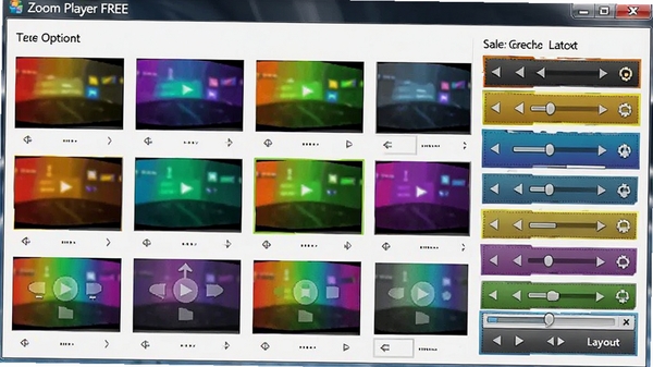 Zoom Player FREE 界面定制选项截图，展示多种颜色主题和控制栏布局预览，色彩鲜艳，布局清晰